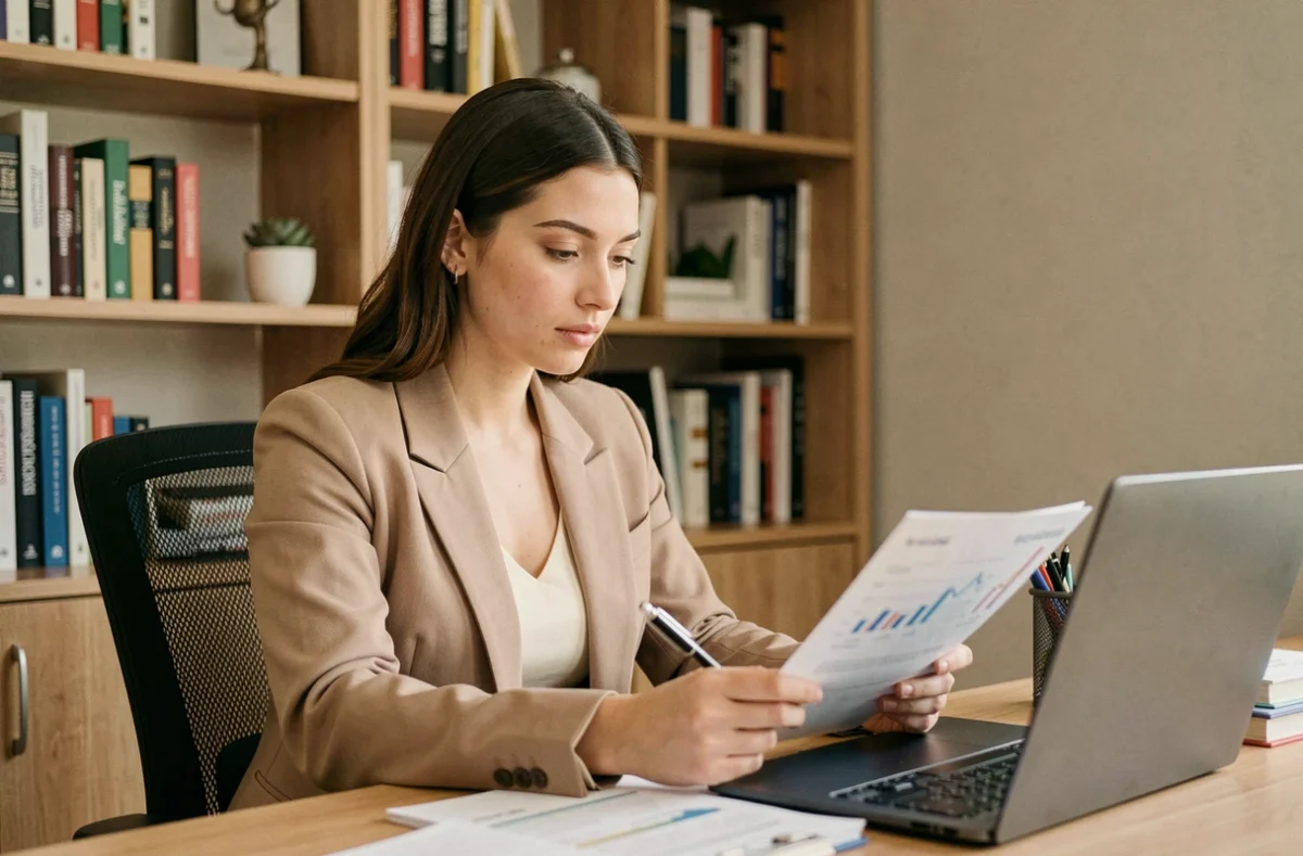 Indépendante en télétravail analysant les avantages du portage salarial sur ordinateur portable