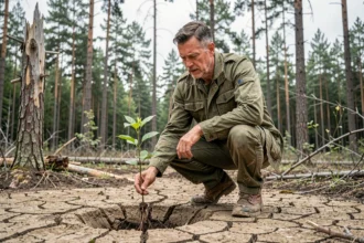 Ingénieur forestier de Techniforet examinant un jeune plant en forêt asséchée face aux défis climatiques