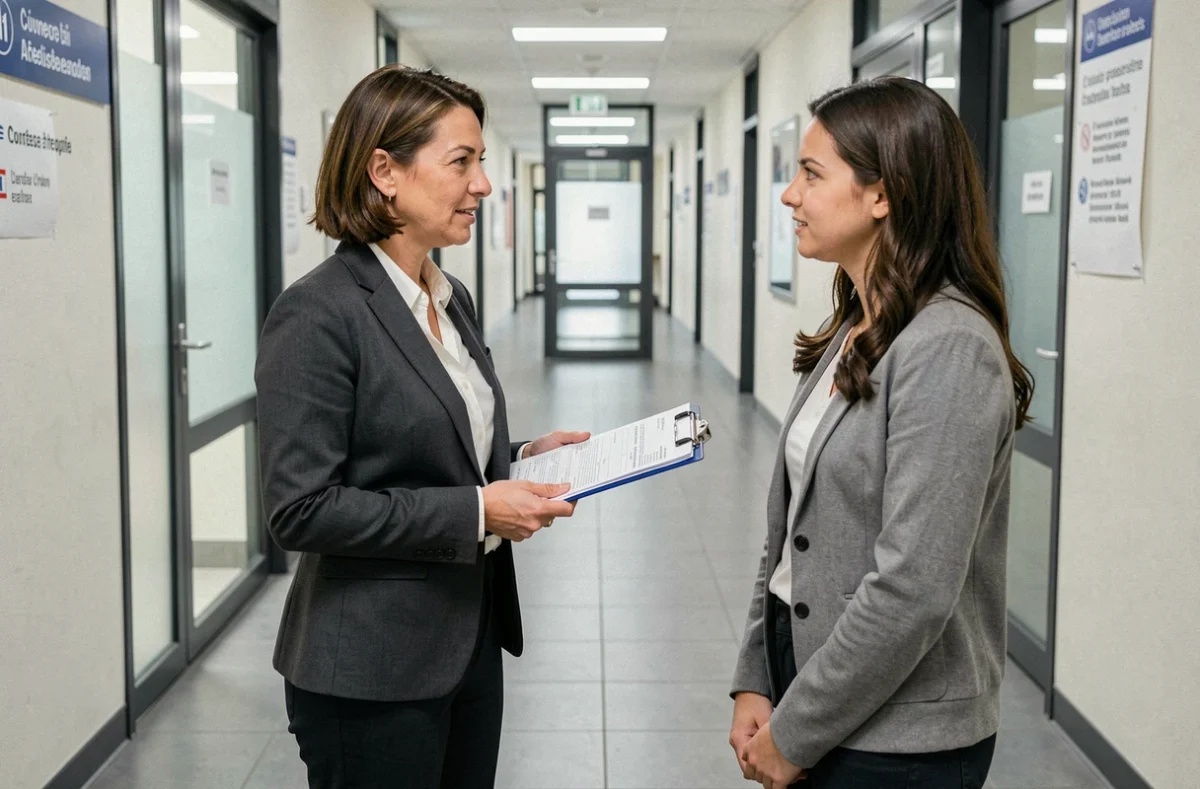 Inspectrice et agente en discussion dans un couloir administratif lors d'une procédure de contrôle institutionnel