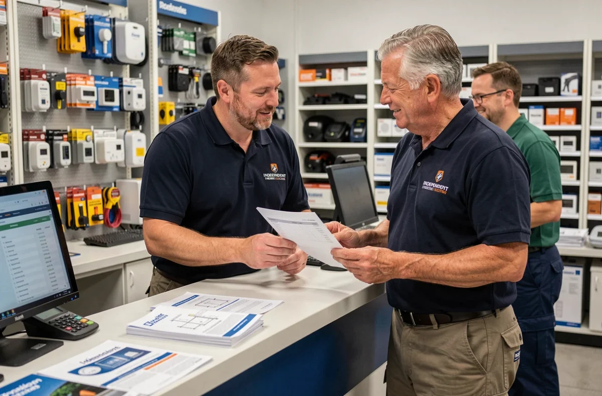 Deux installateurs indépendants consultant un devis au comptoir d'une agence de distribution électrique Sonepar Select