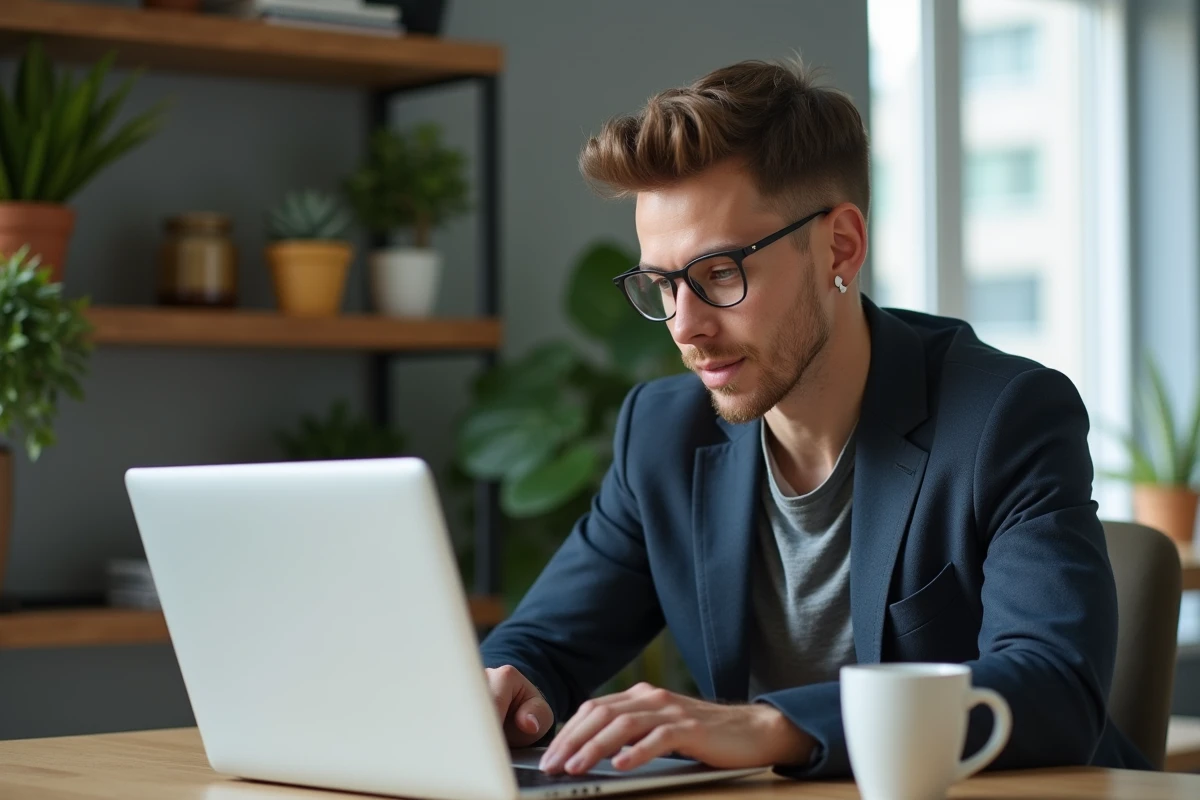 Jeune entrepreneur en bureau moderne avec ordinateur portable