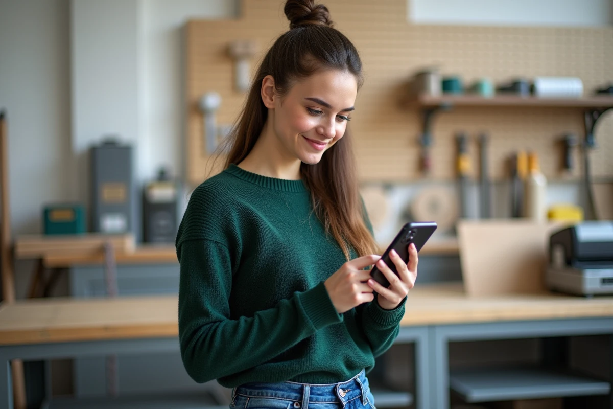 Jeune femme artisan configurant notifications dans son atelier moderne