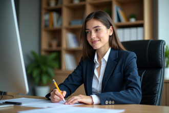 Jeune femme en costume au bureau remplissant des papiers