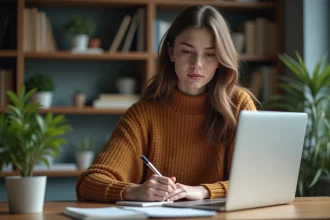 Jeune femme professionnelle travaillant sur son ordinateur dans un bureau cosy