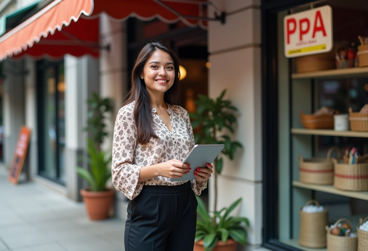 Jeune femme entrepreneure devant une boutique urbaine