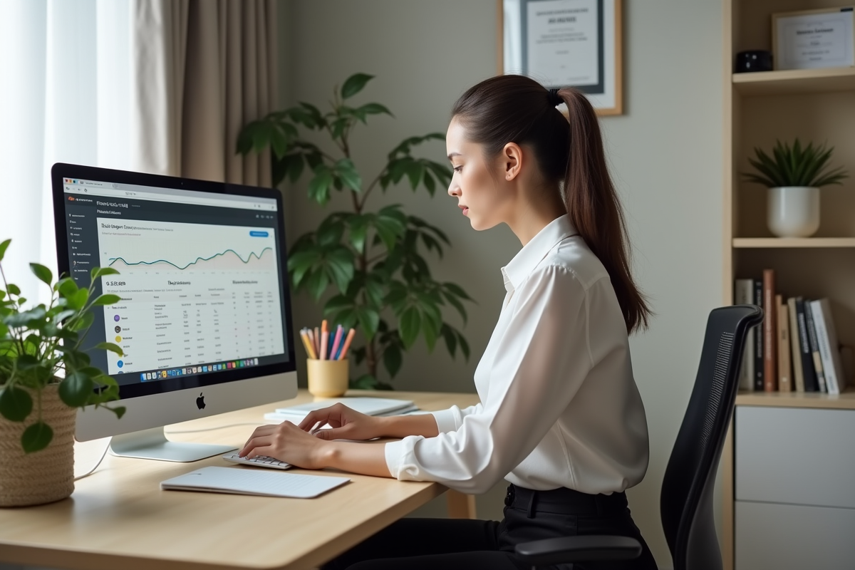 Jeune femme entrepreneure travaillant sur ordinateur à domicile