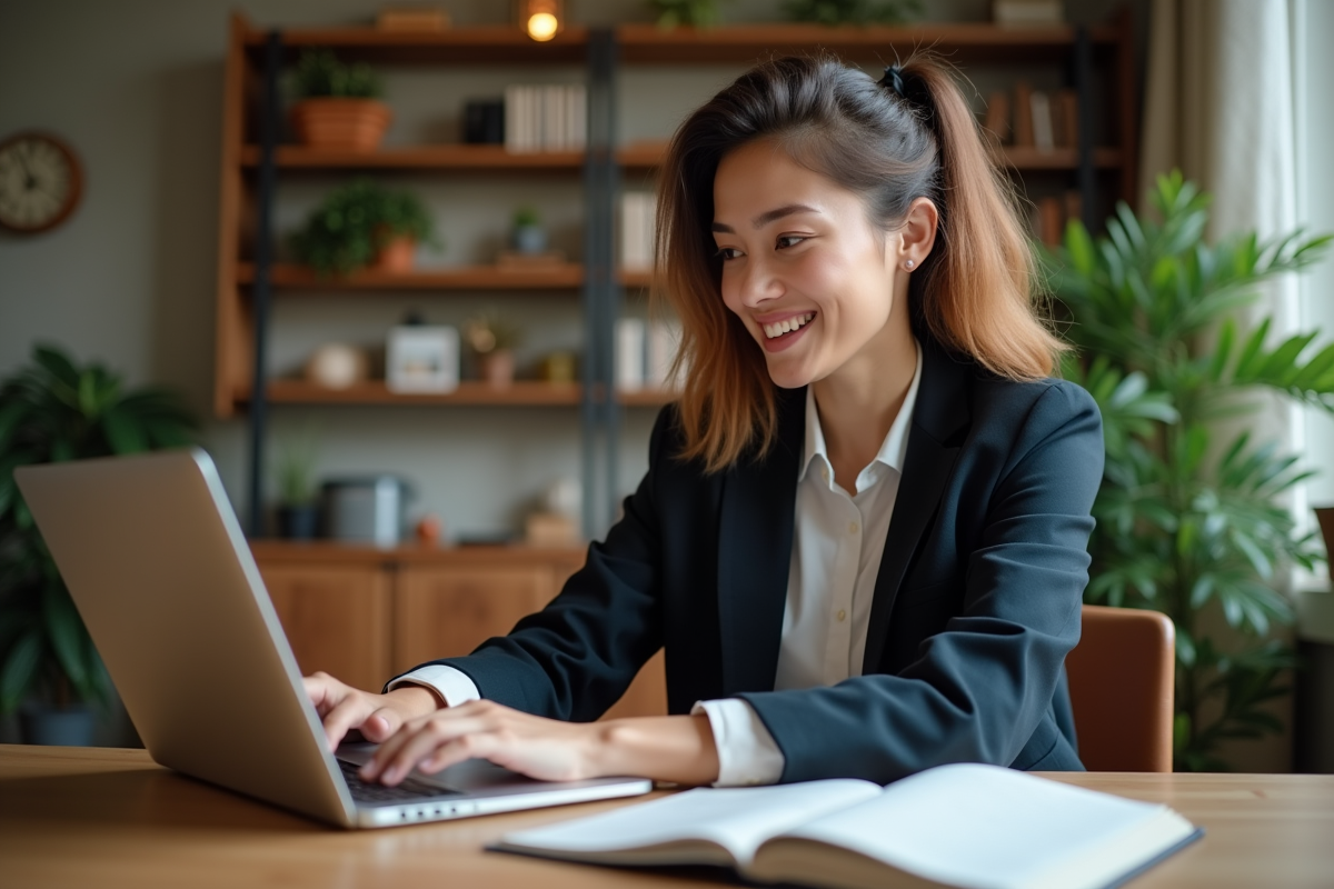 Jeune femme en visioconference dans son bureau à domicile