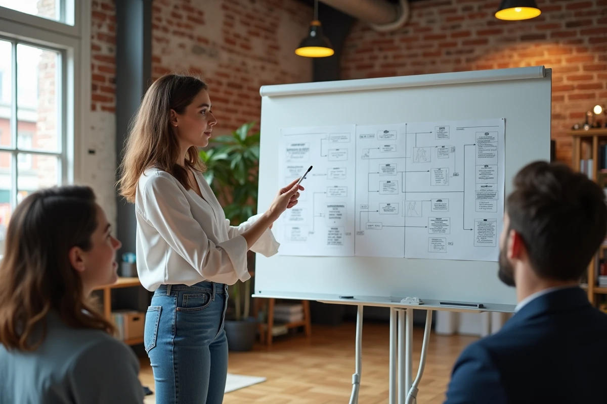 Jeune femme présentant un diagramme devant ses collègues dans un espace créatif