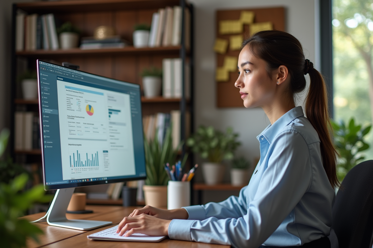 Jeune femme concentrée travaillant sur CRM dans un bureau à domicile