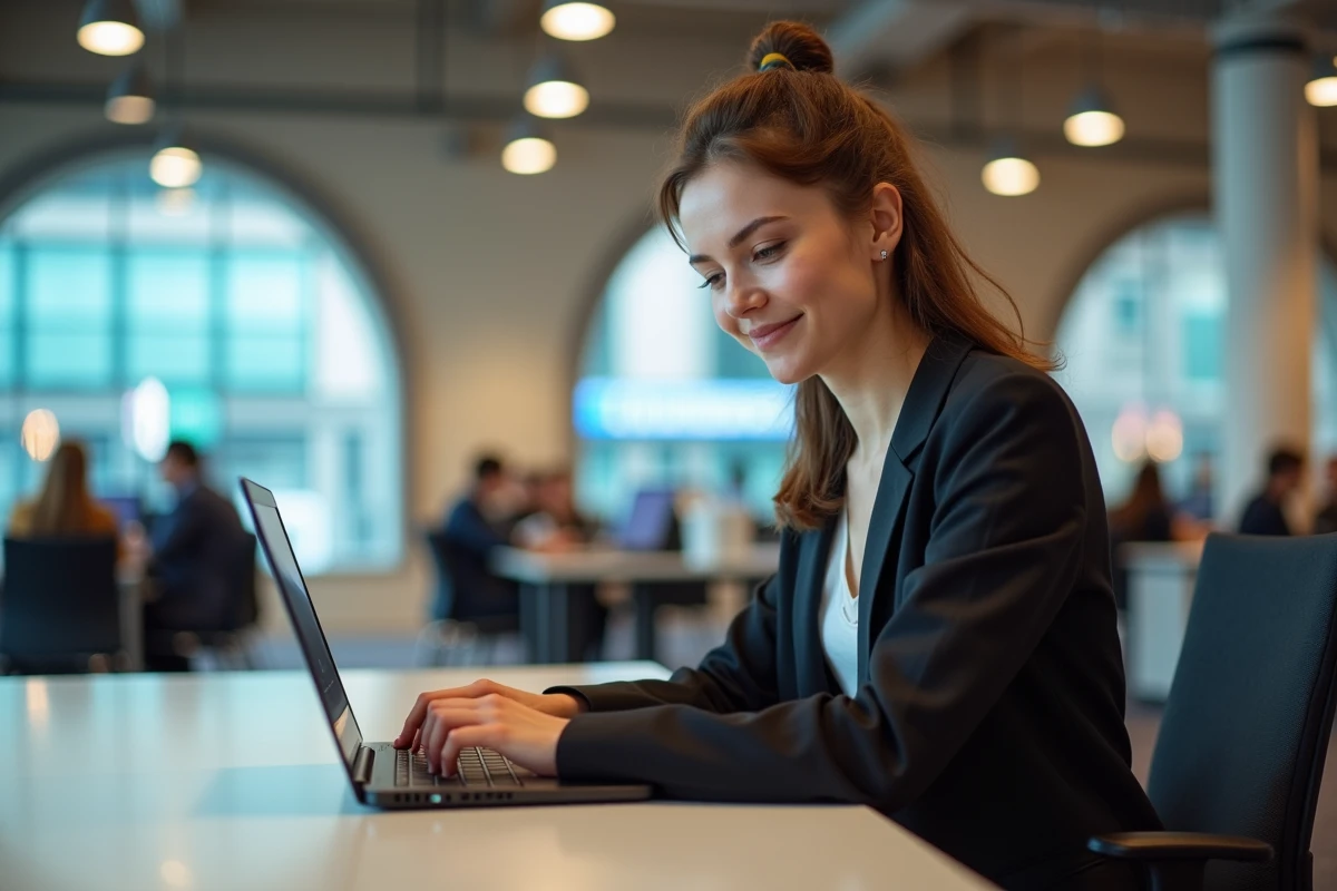 Jeune femme concentr&eacute;e travaillant &agrave; Station F