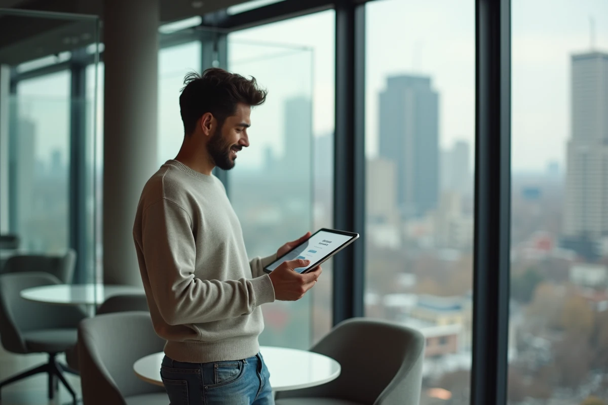 Jeune freelance regardant une tablette dans un espace coworking