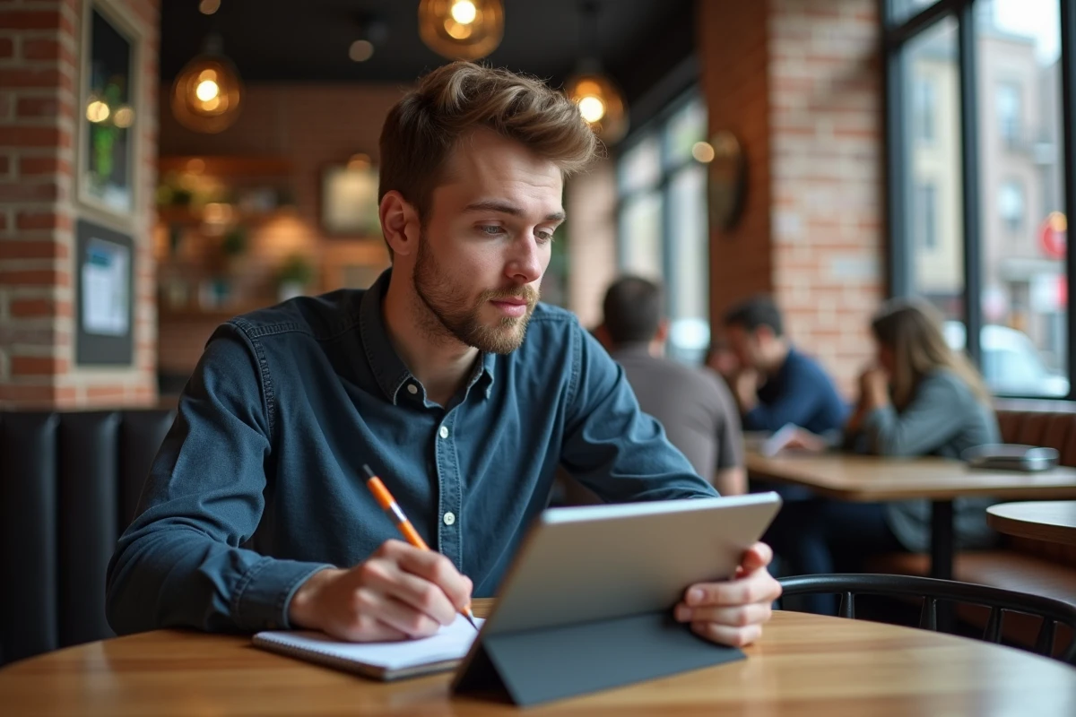 Jeune homme au caf&eacute; utilisant une tablette