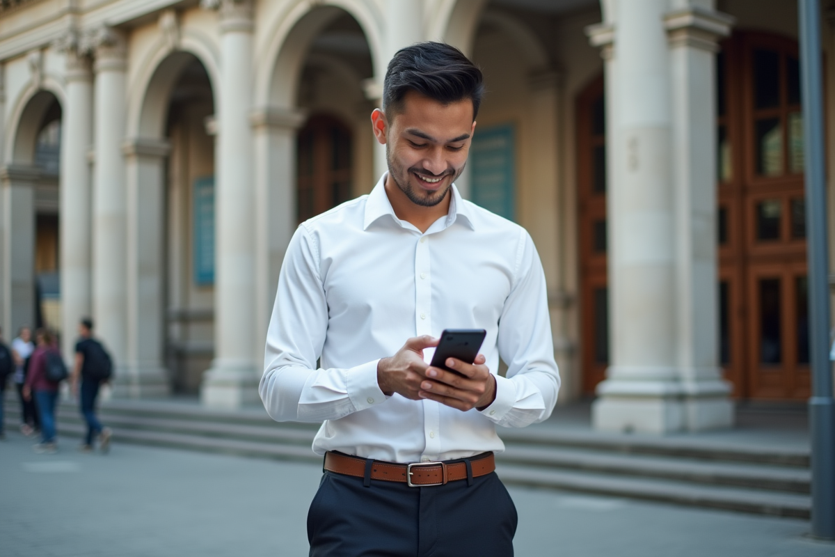 Jeune homme d affaires devant un bâtiment historique