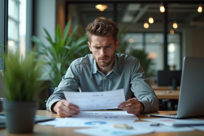 Jeune homme inquiet au bureau en train d'étudier des rapports financiers