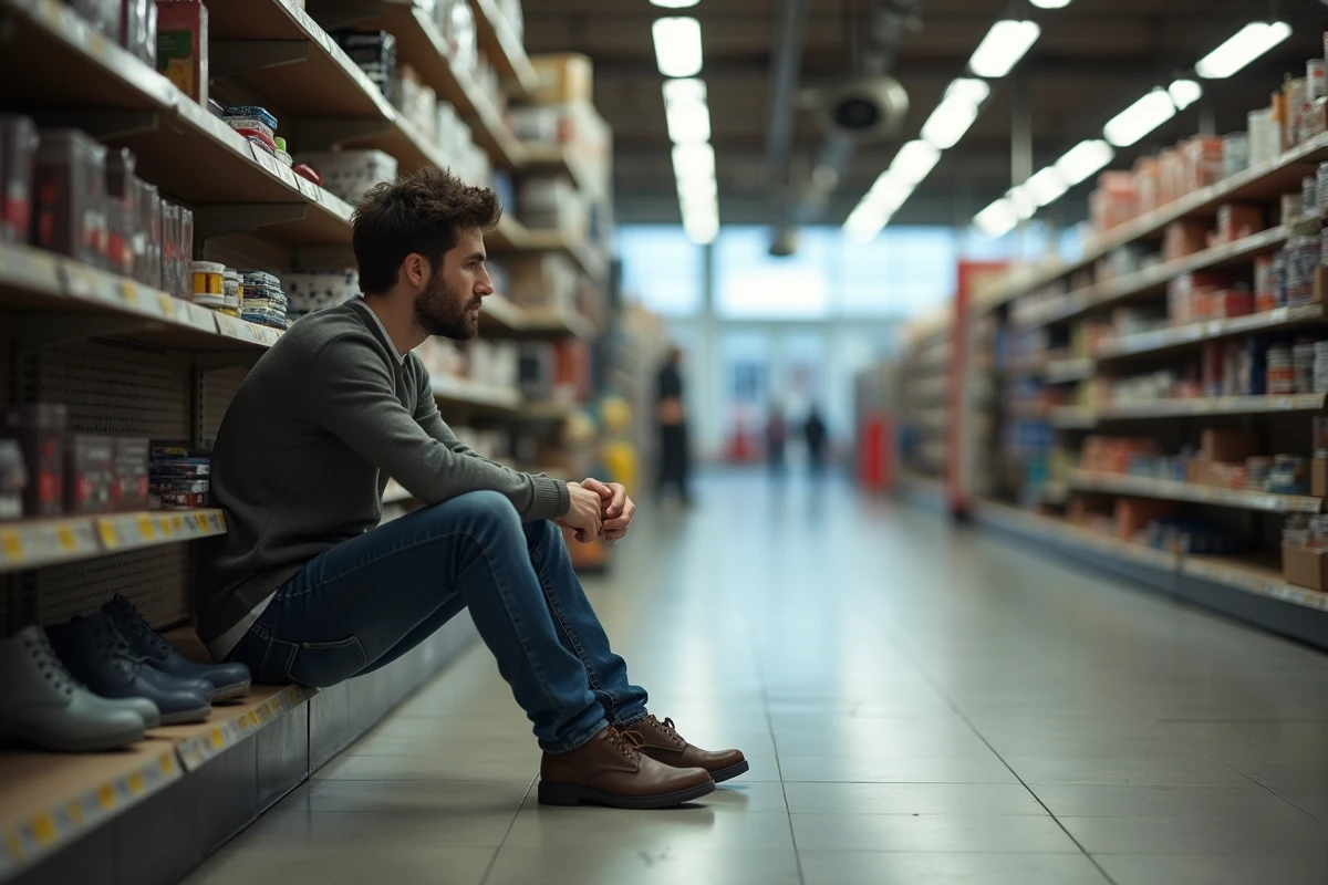 Jeune homme assis dans un magasin désert avec étagères vides