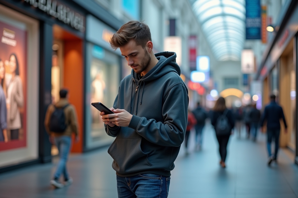Jeune homme avec smartphone devant un centre commercial