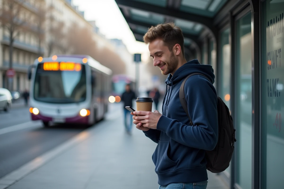 Jeune homme avec smartphone et café dans la rue