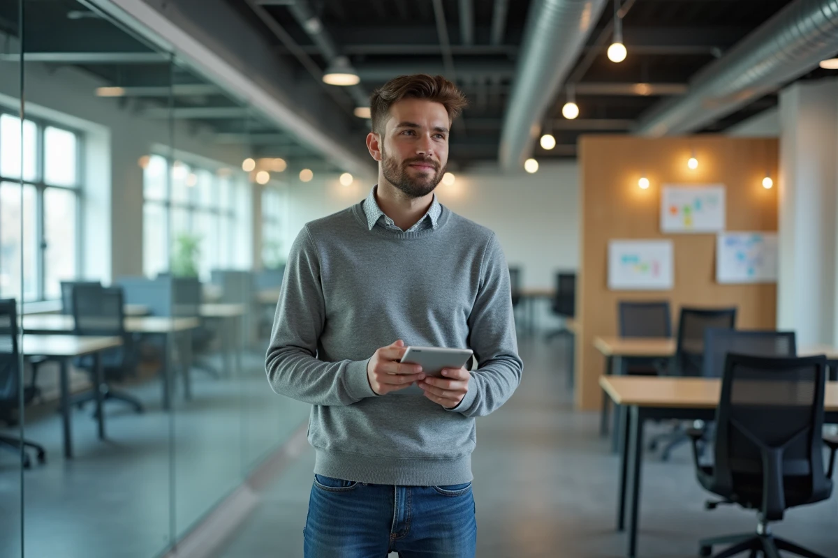 Jeune homme utilisant une tablette dans un espace de travail ouvert