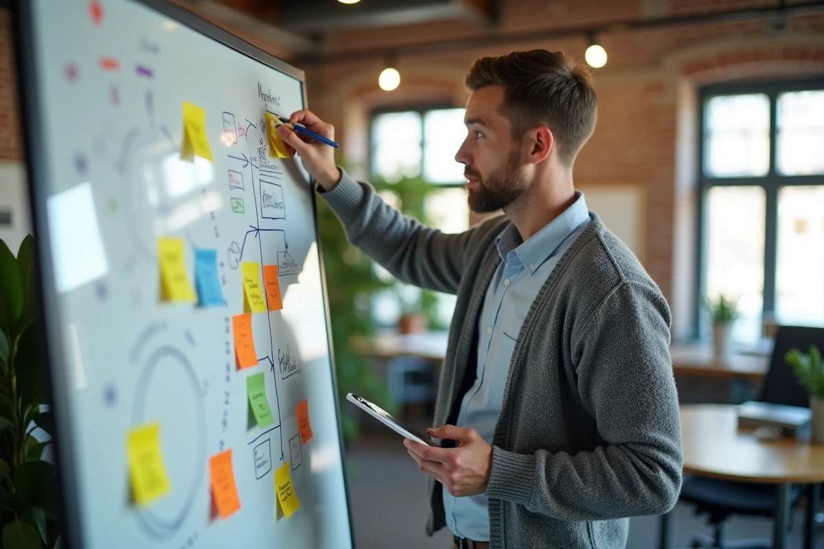 Jeune strat&egrave;ge num&eacute;rique esquissant un workflow marketing