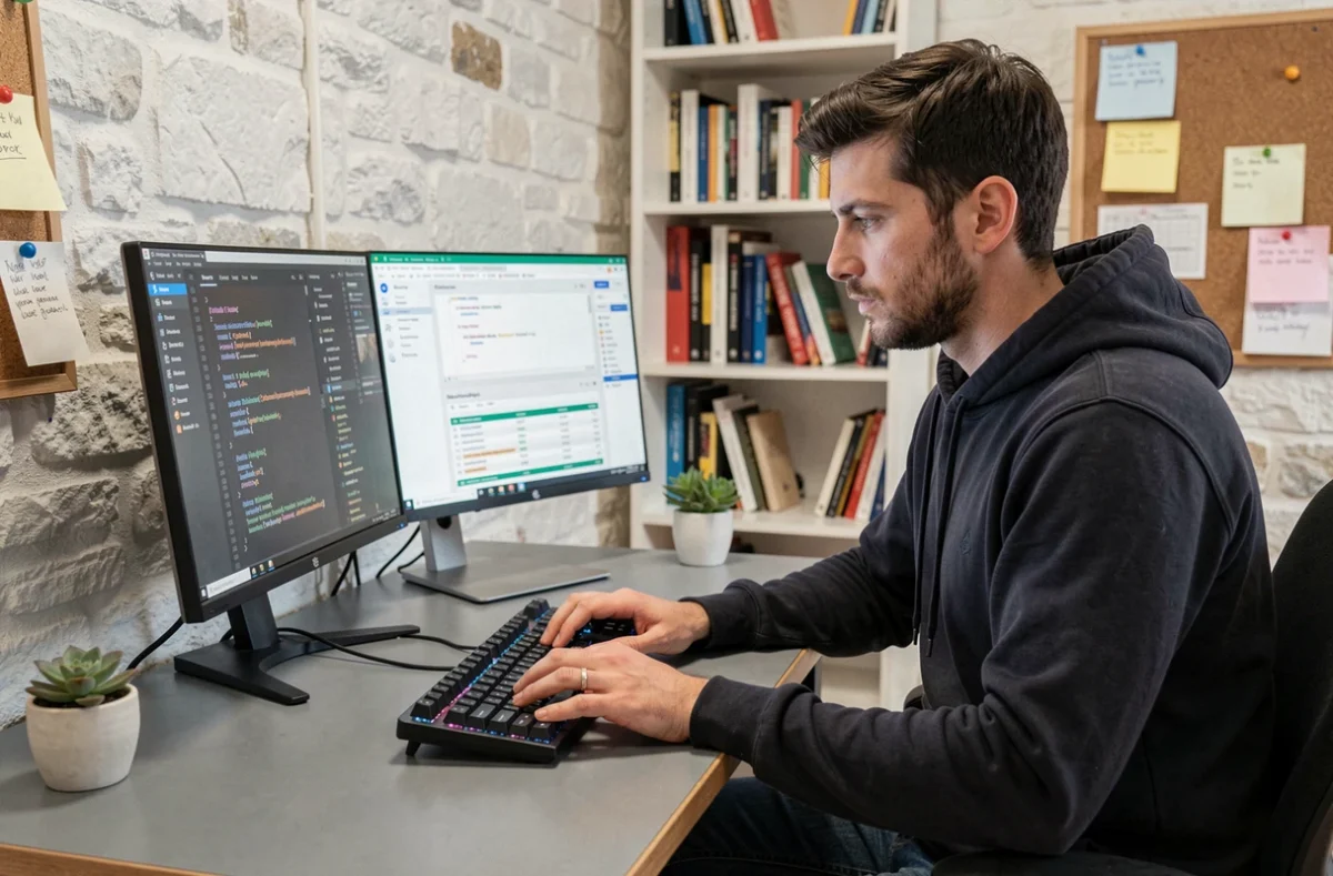 Développeur web consultant SEO en Finistère travaillant sur des outils d'audit et d'optimisation dans son bureau à domicile