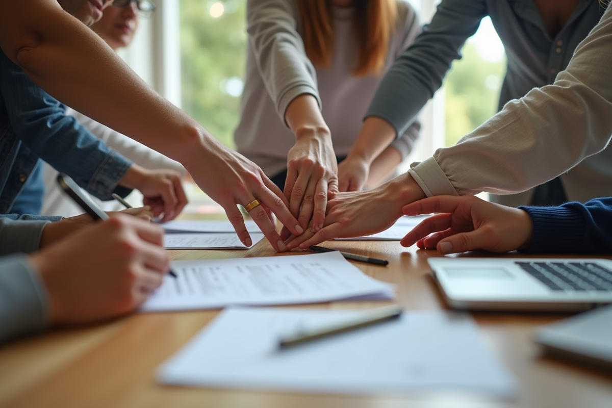 Mains de différentes personnes réunies sur une table de travail
