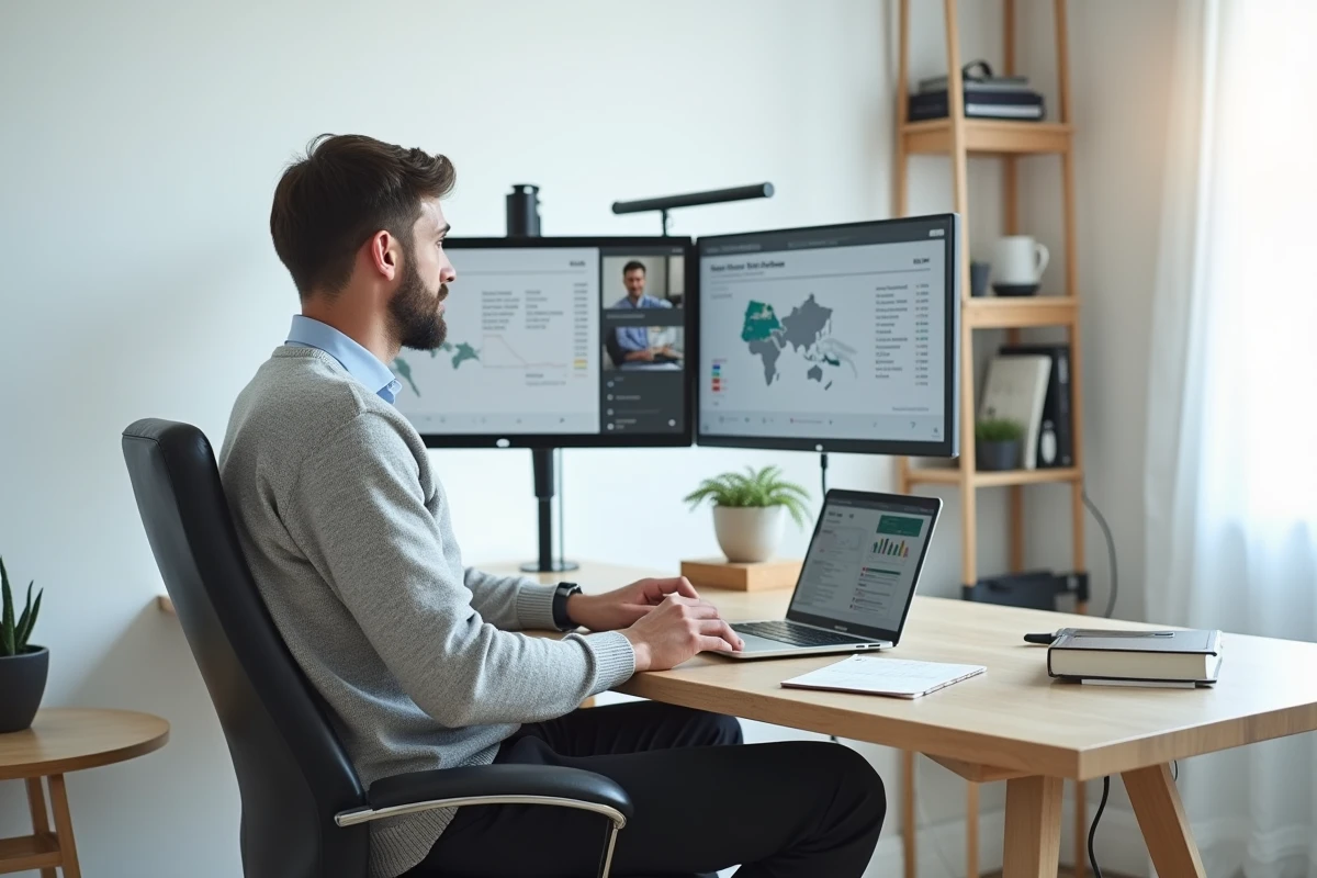 Manager concentré travaillant depuis son bureau à domicile sur une présentation de la zone EMEA