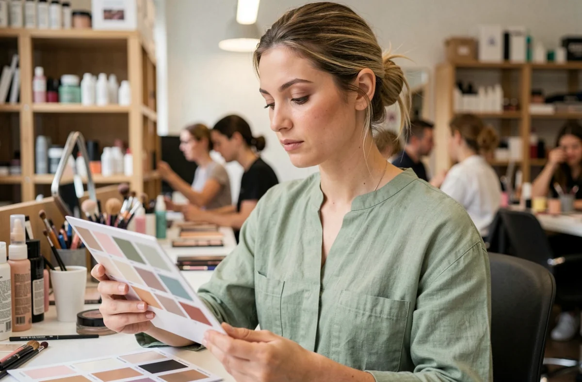 Maquilleuse professionnelle freelance au travail dans un espace de coworking beauté parisien