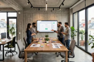 Équipe d'une agence web dans le Rhône réunie autour d'un écran affichant des maquettes de sites web dans un bureau moderne à Lyon