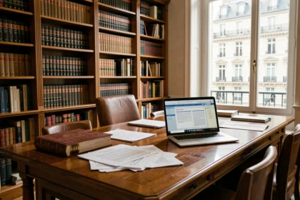 Bureau d'avocat en droit du travail à Bordeaux avec livres juridiques et documents professionnels sur une table en bois