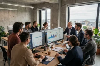 Vue d'ensemble d'un bureau d'agence digitale moderne en Bretagne, illustrant le classement des meilleurs consultants SEO du Finistère