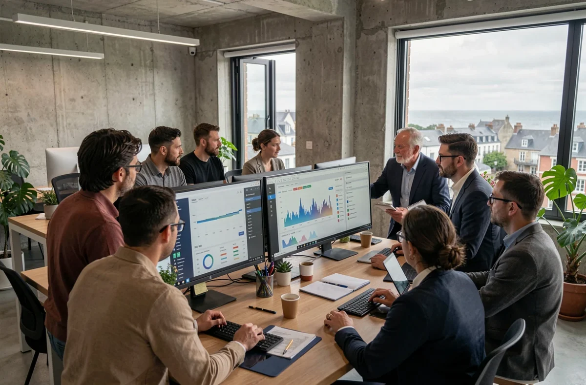 Vue d'ensemble d'un bureau d'agence digitale moderne en Bretagne, illustrant le classement des meilleurs consultants SEO du Finistère
