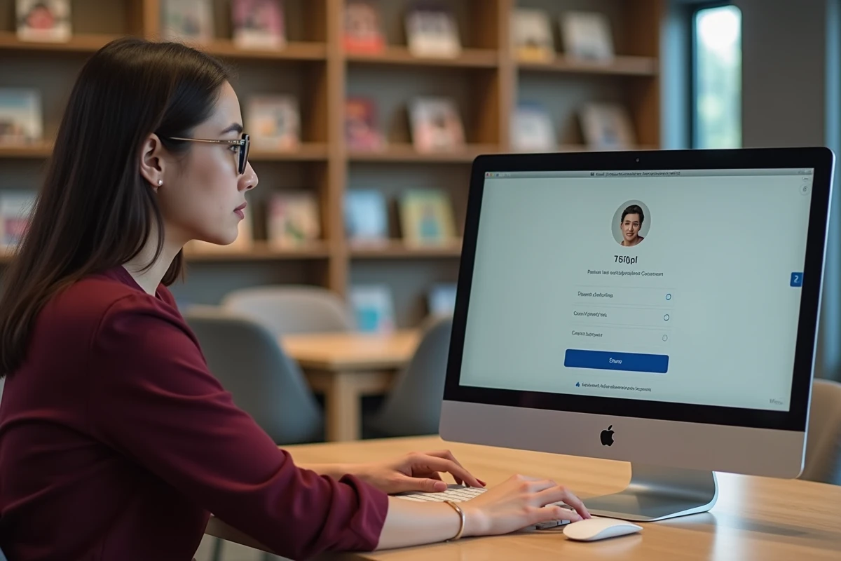 Jeune femme utilisant un espace personnel en ligne sur un ordinateur de bureau dans un espace de coworking