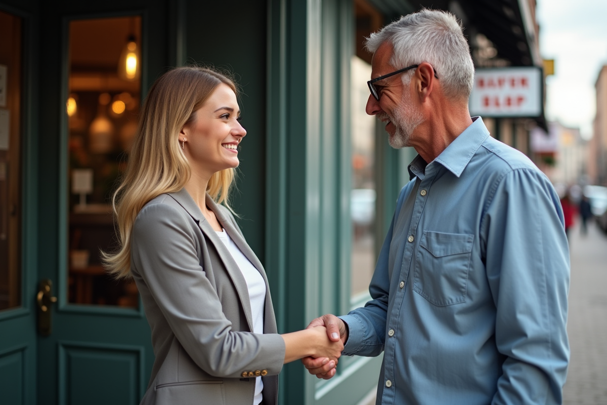 Femme et homme se serrant la main devant une boutique