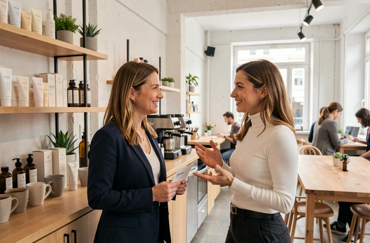 Deux professionnelles de la beauté échangeant lors d'un moment de networking dans un coworking dédié à Paris