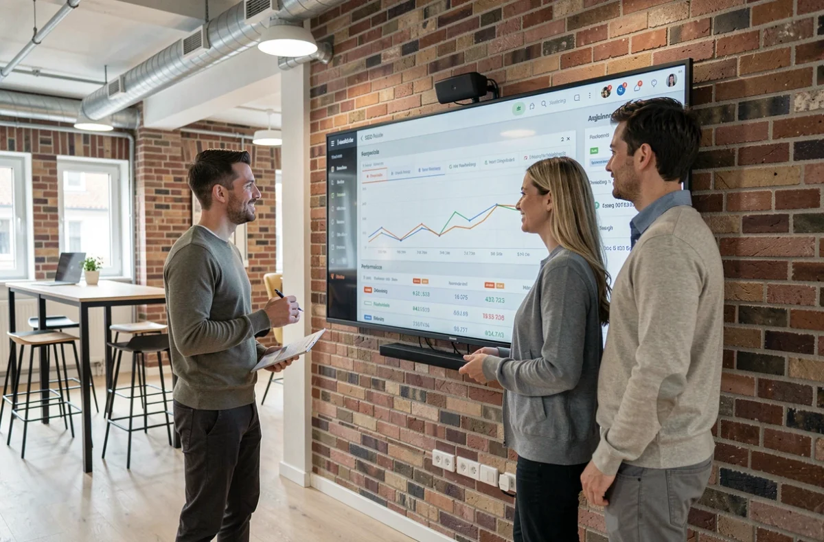 Équipe de l'agence Newp réunie devant un tableau de bord SEO dans leurs bureaux modernes à Brest en Finistère