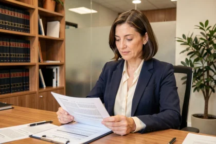 Notaire femme consultant des offres d'emploi sur des documents dans une étude notariale moderne