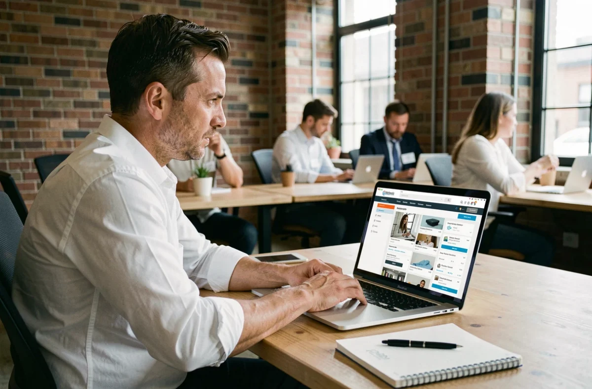 Notaire homme recherchant une bourse emploi notaires sur ordinateur portable dans un espace de coworking