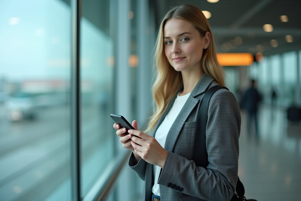 Femme dans un aéroport international consultant un numéro de téléphone virtuel français sur son smartphone