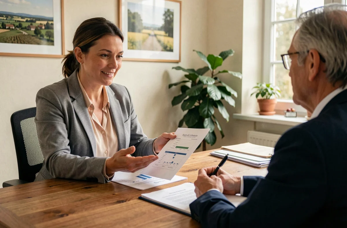 Conseillère d'Orcom Centre présentant un rapport comptable à un dirigeant d'entreprise dans un bureau en Eure-et-Loir