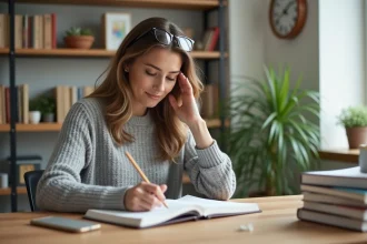 Femme organisant sa journée dans un agenda papier dans un bureau à domicile bien rangé