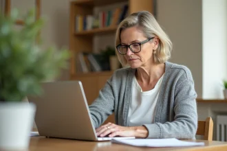 Femme à domicile consultant son espace particulier employeur Urssaf sur un ordinateur portable à la table de cuisine
