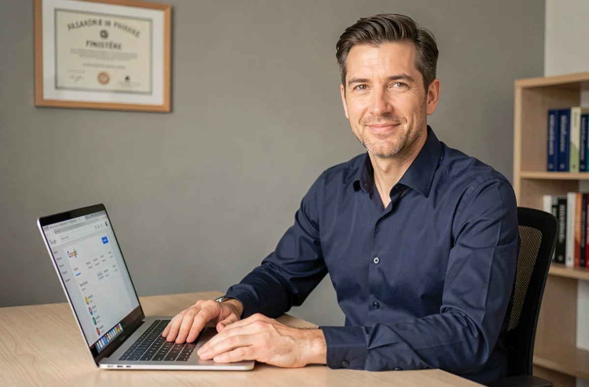 Portrait professionnel de Paul Vengeons, consultant SEO indépendant en Finistère, assis à son bureau avec un rapport Google Search Console