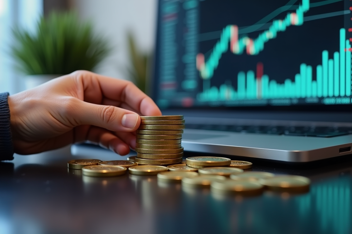 Main empilant des pièces de dollar canadien et graphiques