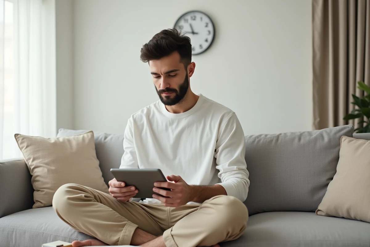 Personne planifiant sa journ&eacute;e heure par heure sur une tablette depuis son salon