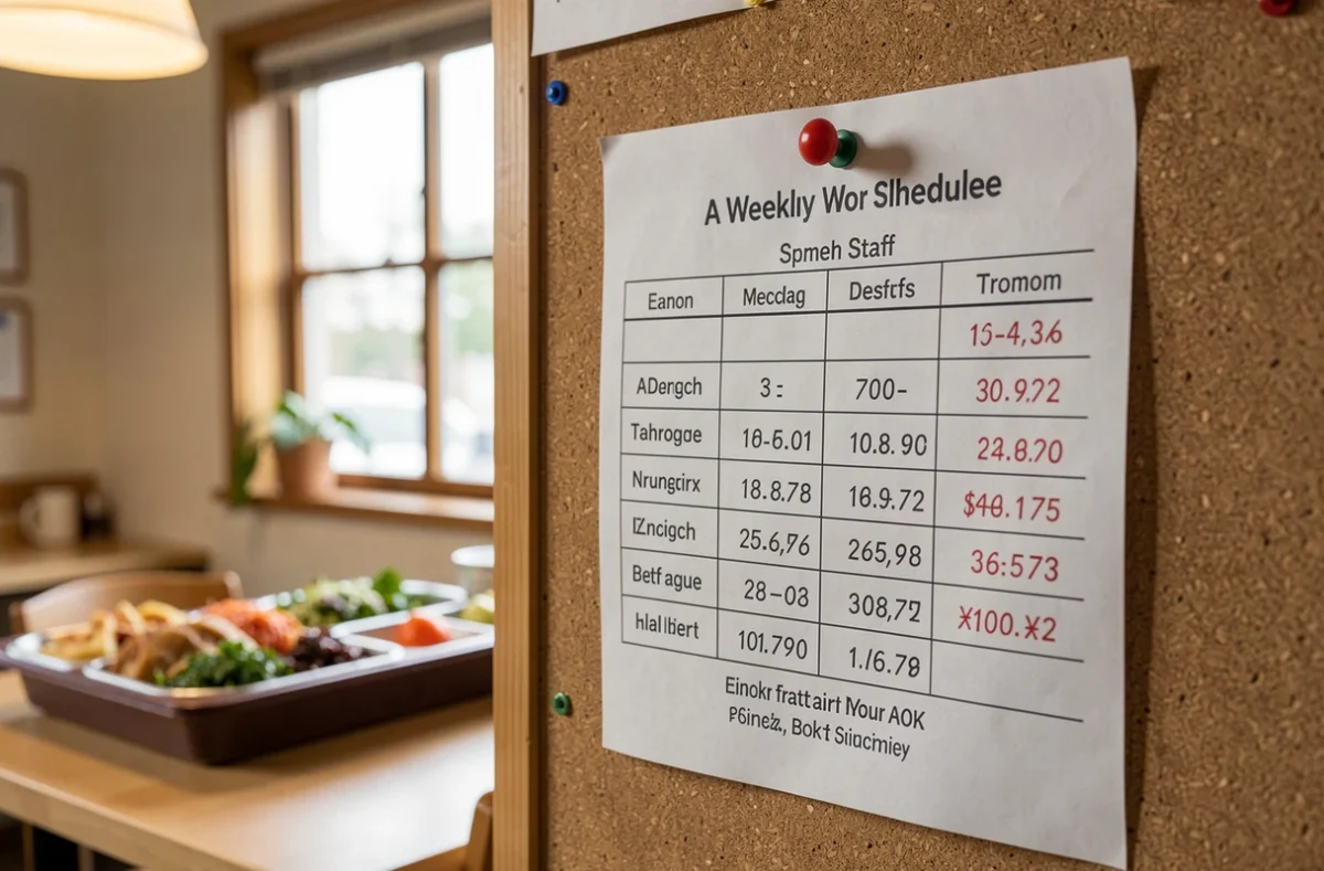 Planning de travail affiché dans la salle du personnel d'un restaurant