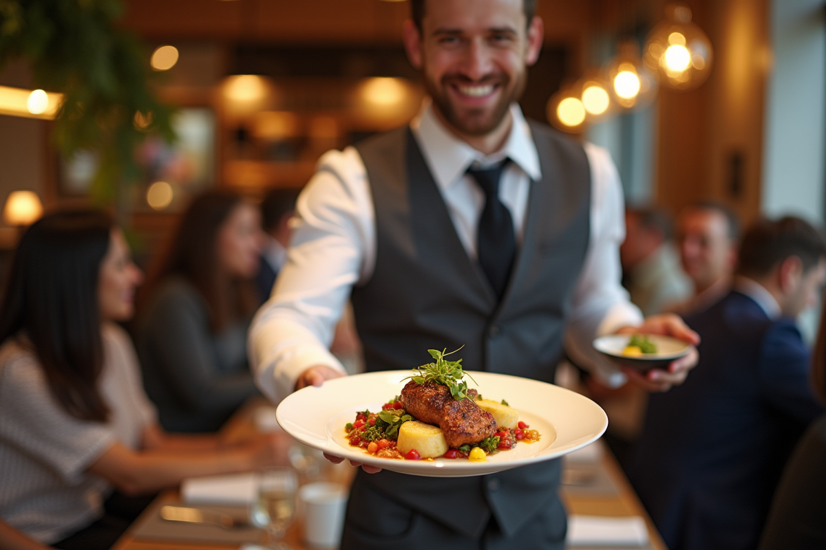 Serveur souriant servant plat gourmet aux clients heureux