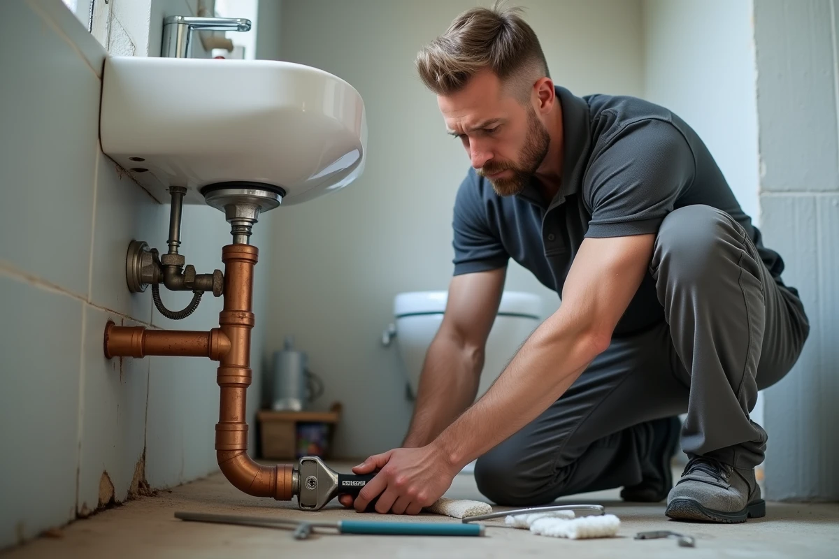 Plombier qualifié installant des tuyaux en cuivre dans une salle de bain en rénovation, métier artisanal lucratif sans diplôme universitaire