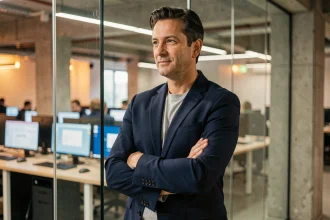 Entrepreneur tech masculin en blazer marine devant une paroi vitrée de bureau moderne, regard stratégique et posture assurée