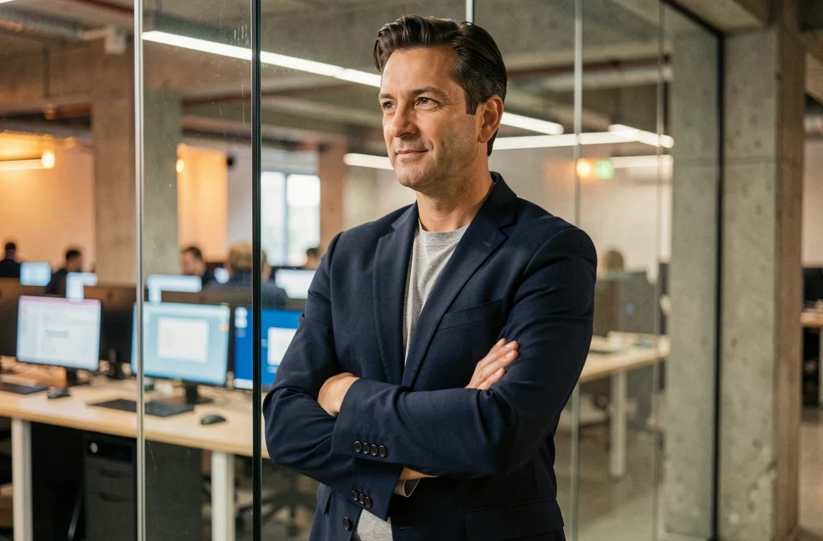 Entrepreneur tech masculin en blazer marine devant une paroi vitrée de bureau moderne, regard stratégique et posture assurée