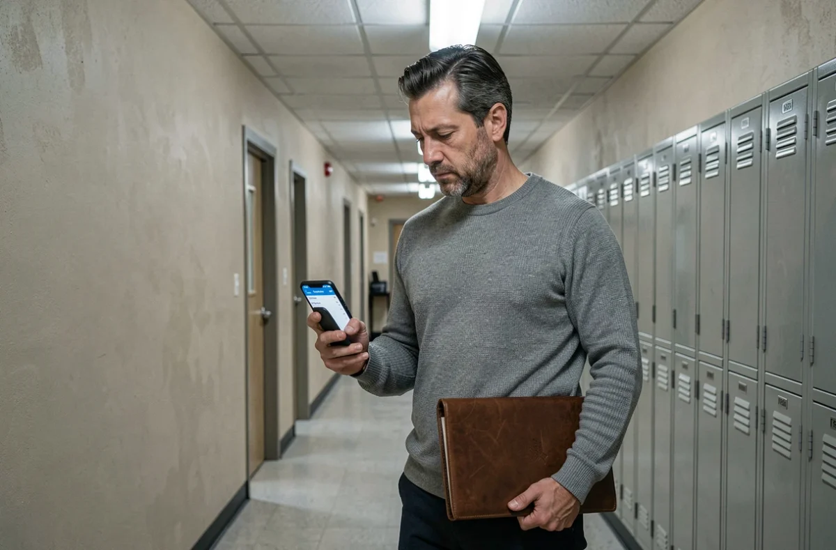Professeur consultant un récapitulatif de salaire sur smartphone dans un couloir d'établissement scolaire